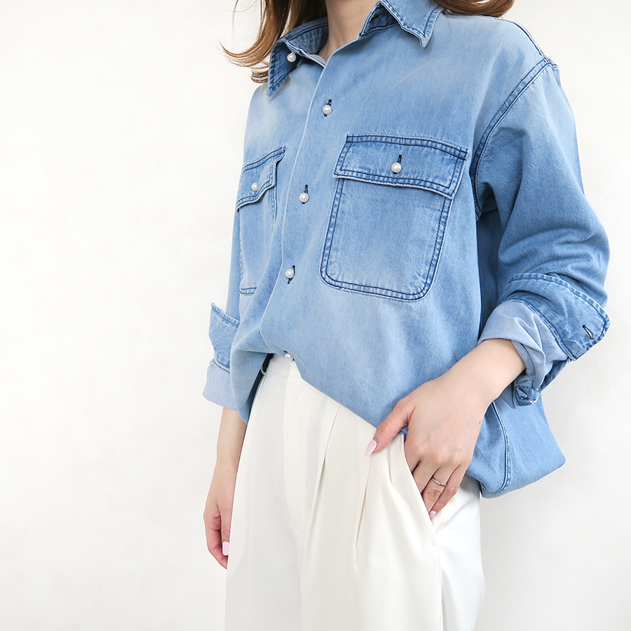 割引 Dolca パールボタンデニムシャツ Blue シャツ ブラウス 長袖 七分