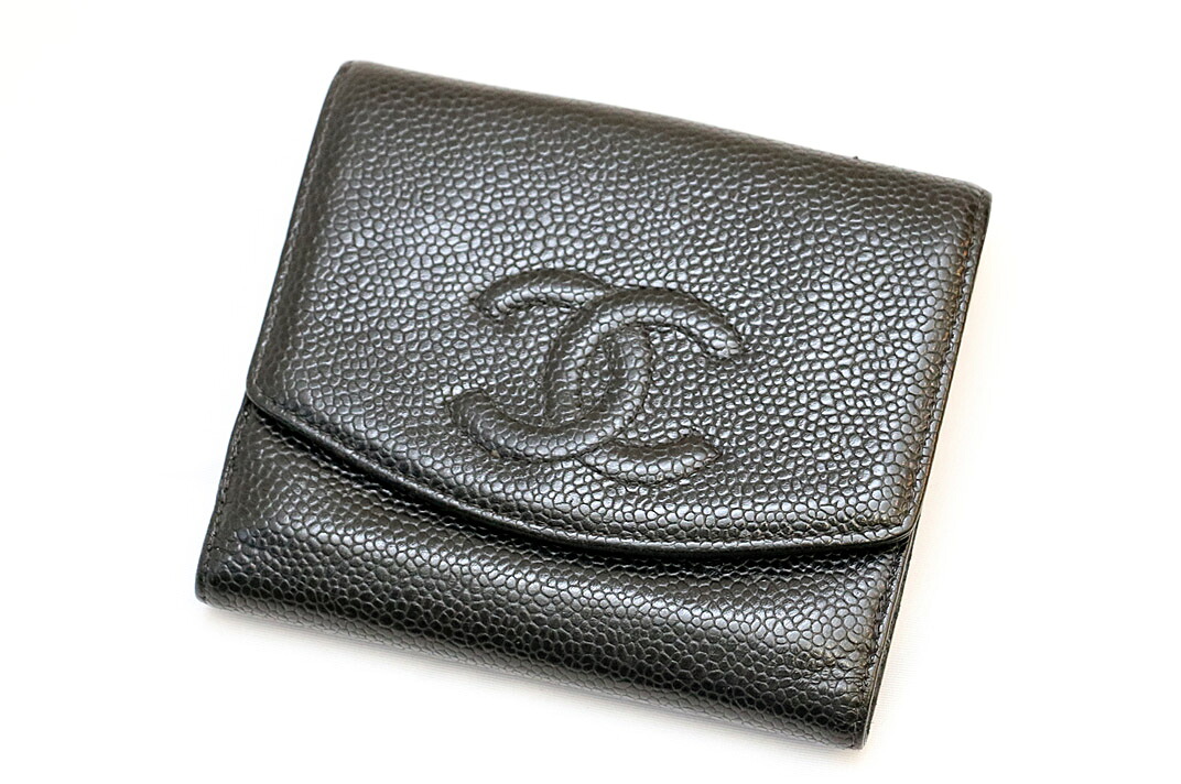 CHANEL(シャネル）W引っかかり紙入れ キャビア人はだ 黒いこと G金具【中古】【一般受け】5967.