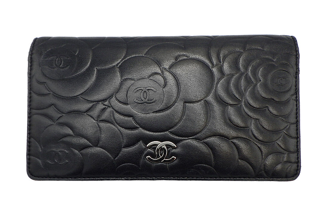 CHANEL(シャネル）カメリアエンボス 長紙入れ A36544  子ヒツジ人はだ 金具 13番台8桁 外箱・歌留多付【中古】【一般受け】【お買い得】5963.