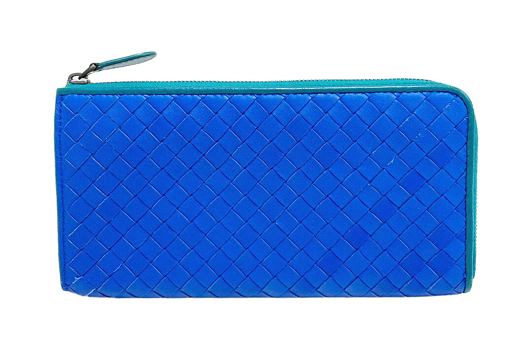 BOTTEGA VENETA(ボッテガ） イントレチャート L型ジップ長札入れ 青色 なめし革【中古】【一般受け】【良品】5219.
