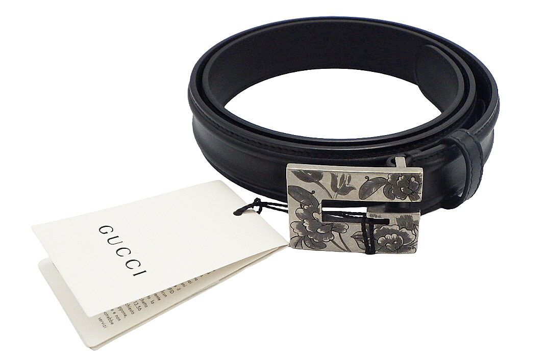 GUCCI(グッチ）Memorable Buckle レザーベルト　709979　花柄エングレービング　ブラック　レザー　サイズ#85 【中古】【人気】【美品】5221.｜ドルチェモデルノ　店 24,272円