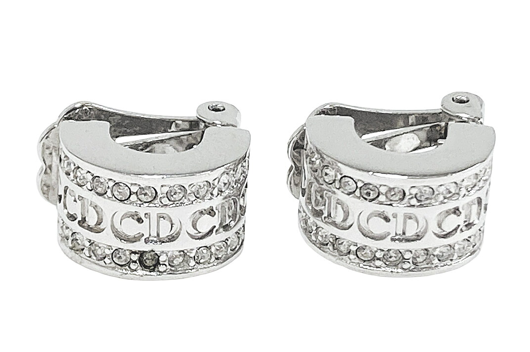 Dior (ディオール）ロゴイヤリング　ハーフフープ　ラインストーン　メタル　シルバー　【中古】【人気】【美品】.6566.｜ドルチェモデルノ　店