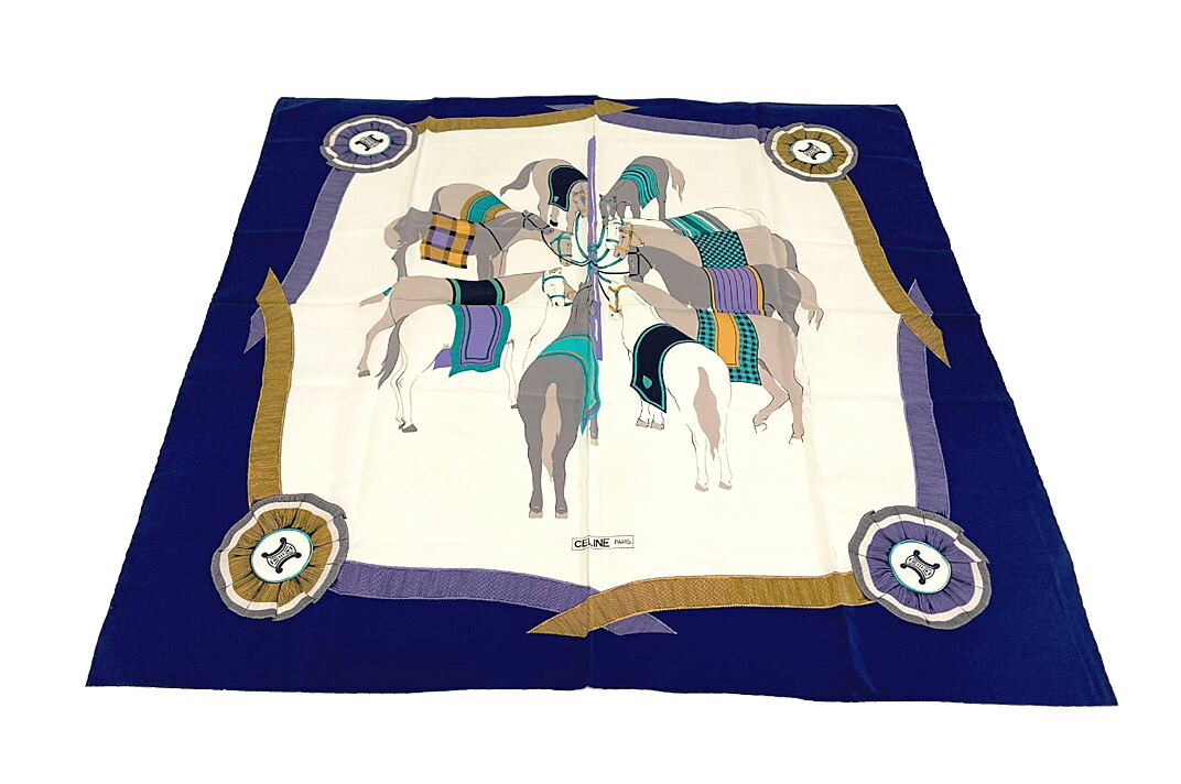美品】箱付き Hermès シルク ストール 風景プリント 馬 プリーツ