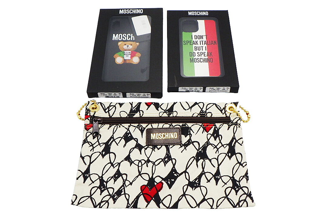 MOSCHINO(モスキーノ）MOSCHINO 3点仕掛ける ハートモチーフポーチ iPhone入れもの  総べて美品 【中古】【一般受け】 【美品】9131.