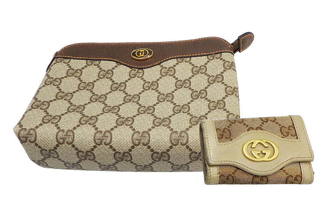 GUCCI レザーポーチ ヴィンテージブラウン系 GGスプリーム 箱付き 