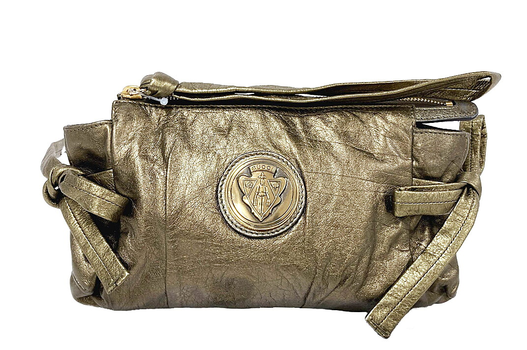 GUCCI(グッチ）ゴールドクレスト メタリック  合切袋 203632  ブロンズ なめし革 【中古】【一般受け】【良品】1688.
