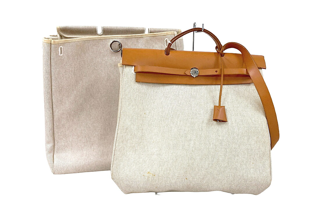 HERMES【エルメス】 Herbag 叫び泣き御徒面子 トワルアッシュ/なめし革 □E刻 替バッグ・ストラップ・クロシェット・カギ・カデナ付き添い人 【中古】【一般受け】【良品】3241.