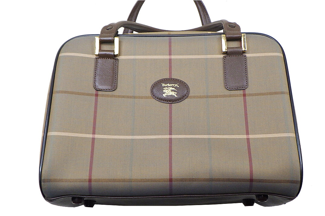 BURBERRY(バーバリー）照合のしるし柄 ハンドバック カーキ系 ユニ一発やる 帆布 なめし革 【中古】【一般受け】【お鼓舞激励】5414. レディースバッグ-バッグ・小物・ブランド雑貨-ハンドバッグ