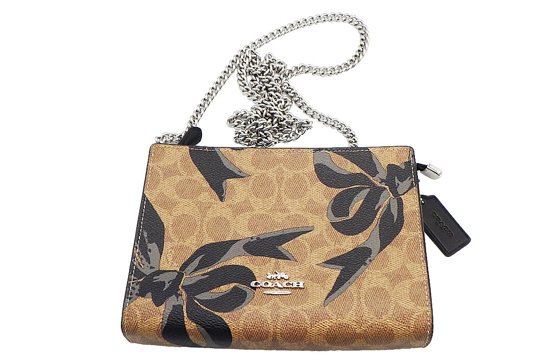 COACH(コーチ職）スリムクロスボディバッグ チェーン店肩部 CY746 シグネチャーキャンバス/なめし革 SV/Tan/Black Multi【中古】【一般受け】【美品】5634.