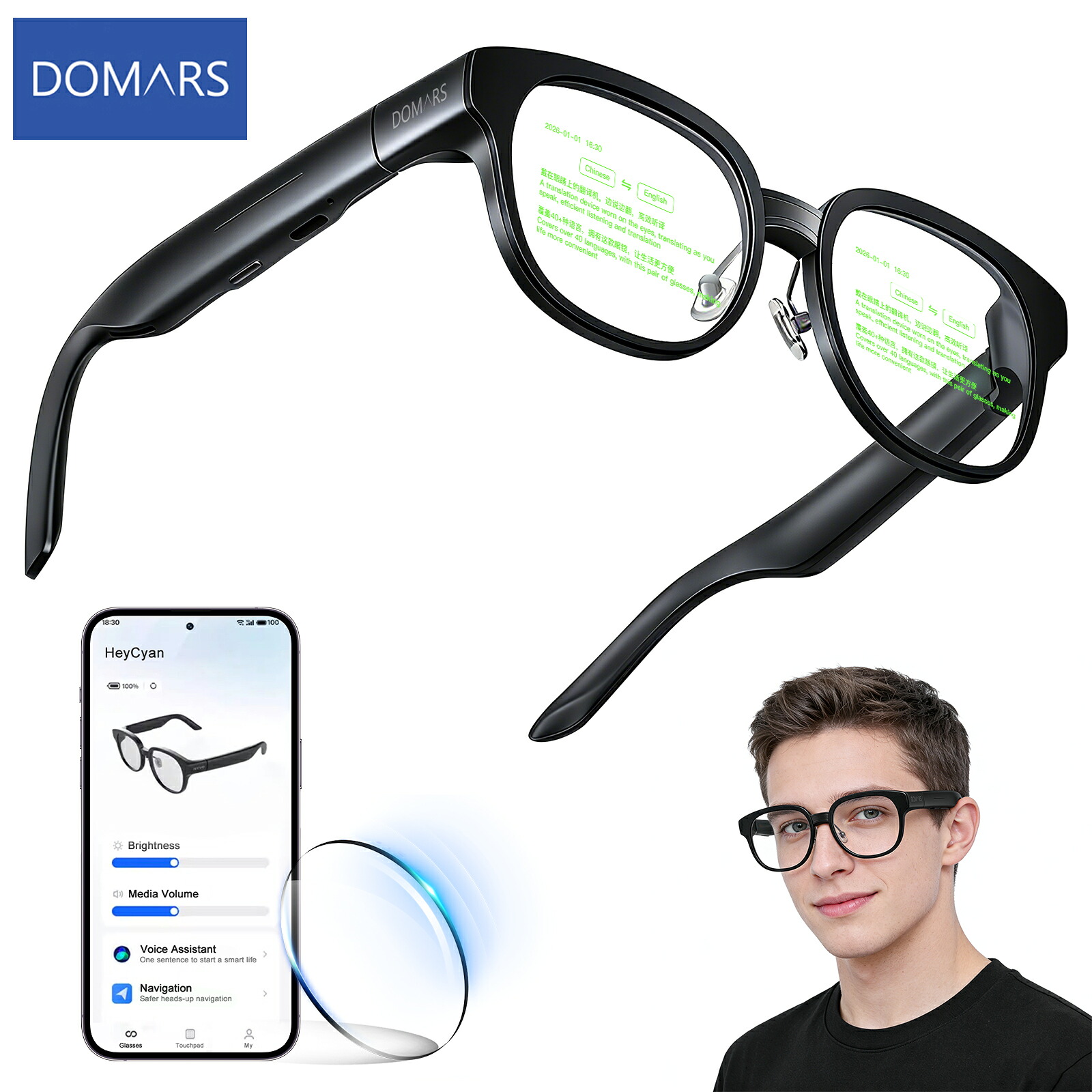 Domars ARグラス 字幕表示 スマートグラス AI字幕メガネ 高精細MicroLEDディスプレイ 2000nits 同声翻訳 文字起こし 13言語同時翻訳 音楽再生 8時間連続使用 AI会議議事録自動作成 ARナビゲーション プロンプター機能 非漏光 43g軽量化設計 IP54防水|ドマーズ・ダイレクト店
