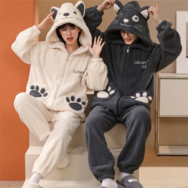 新品！冬新作！可愛い！猫フード付き、ふわふわ、モコモコ、上下２点セットパジャマ 新品 冬新作 可愛い 猫フード付き ふわふわ モコモコ 上下2点