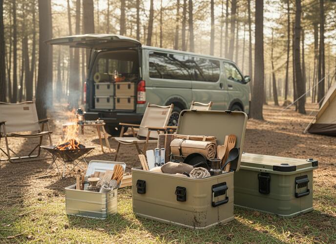 GENERIC OUTDOOR アースカラー アルミコンテナボックス ４９Ｌ ガレージ収納箱 コンテナボックス キャンプギア収納箱 トランクボックス aluminum box ハイエースカラー アウトドアコンテナボックス スタッキングボックス アウトドアギアボックス 道具箱 工具箱 送料無料