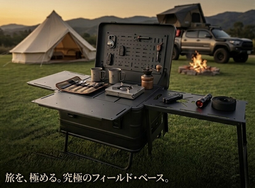 マットブラック アルミ コンテナボックス 57l パーフェクトフルカスタムセット 限定販売 ソロキャンプ アウトドア収納ボックス キャンプ収納ケース アルミコンテナボックスカスタム 最強カスタムセット スタッキングアルミコンテナテーブル 送料無料｜ドミノサーフアンドキャンプ