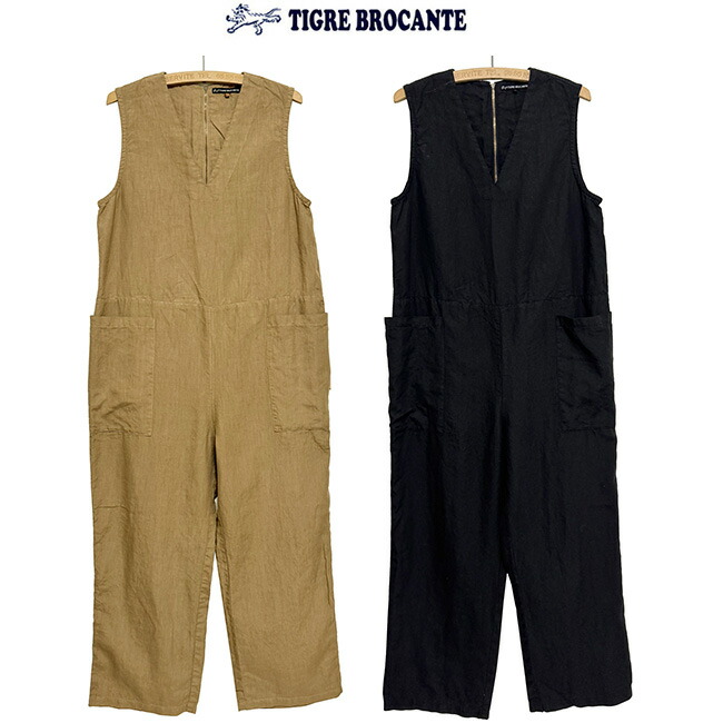 本品は尖んがり＋2倍です！TIGRE BROCANTEティグルブロカンテ80/1密集してリネンVネックボックスサロペットサイズ：Ladies F(one size)