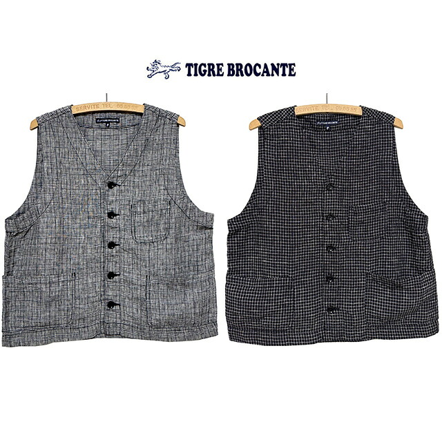 本品はポイント＋2倍です！TIGRE BROCANTE ティグルブロカンテモノクロチェックリネン3PKワークベストサイズ：Ladies M｜ＤＯＮＮＡ