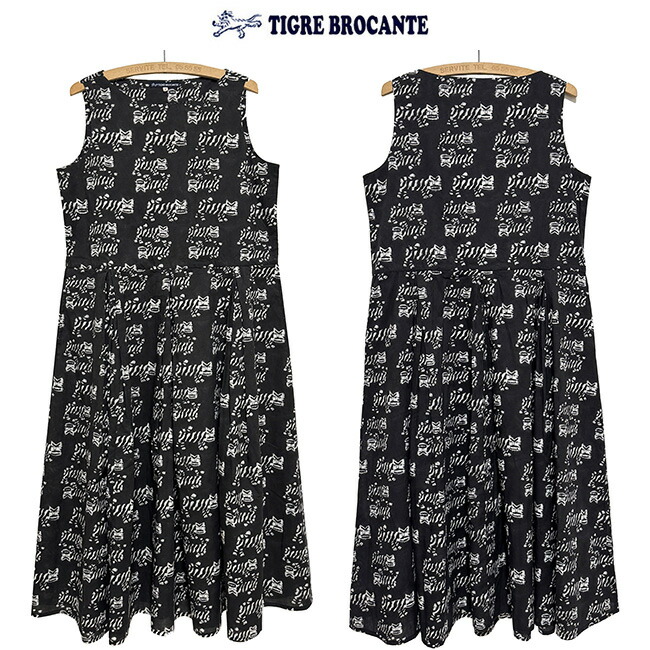 本品はポイント＋2倍です！ TIGRE BROCANTE ティグルブロカンテ TIGREブロックプリントギャザータックノースリーブワンピース カラー：スミクロ サイズ：Ladies F(one size)