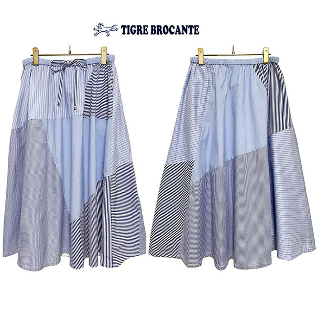 本品はポイント＋2倍です！TIGRE BROCANTEティグルブロカンテストライプMixフレアランダムパッチスカートカラー：ブルーサイズ：Ladies F（One size)｜ＤＯＮＮＡ