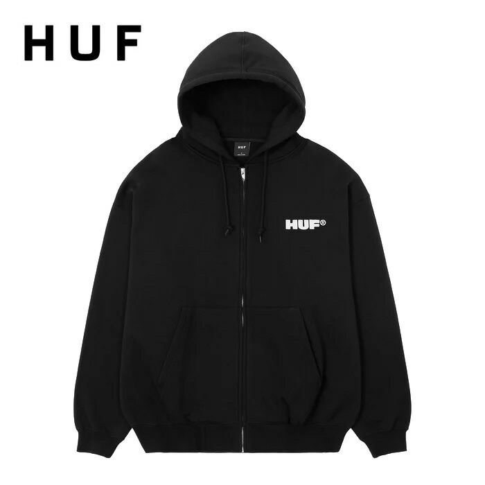 本品は尖んがり４倍です！HUF(ハフ) ALL CAPS FULL ZIP HOODIE 刺しゅうアートワークフルジップスウェットパーカーCOLOUR:BLACK【日本代わりになる店定め事品】