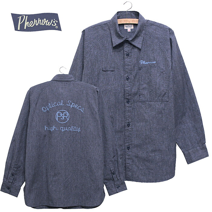 SALE･30%OFF【セール】PHERROW'S(PHERROWS)フェローズアートワーク刺繍ラグランワークシャツCOLOUR:HEATHER NAVYCHECK[正規取扱品]｜ＤＯＮＮＡ