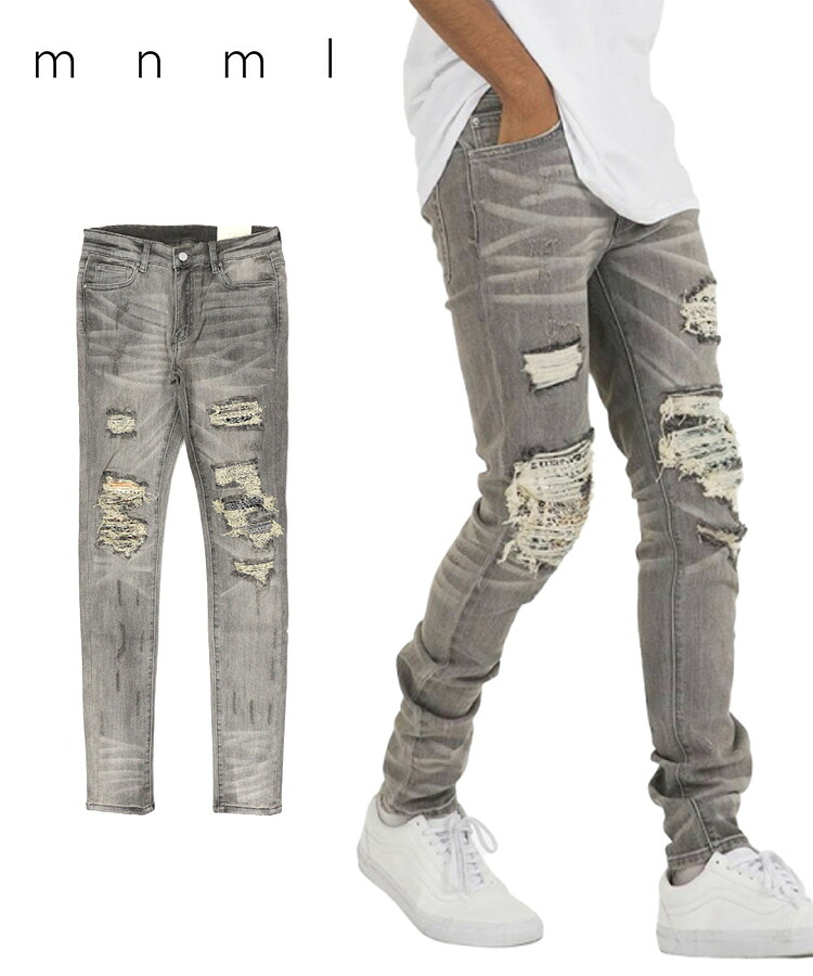 mnml ミニマル メンズ パンツ X284 MOTO SKINNY DENIM [I] グレー&times;ブルー 25ML-SP113D ボトムス デニム スキニー ストレッチ レディース ユニセックス　ストリート カジュアル ペイズリー スキニーデニム｜DONOBAN（ドノバン）