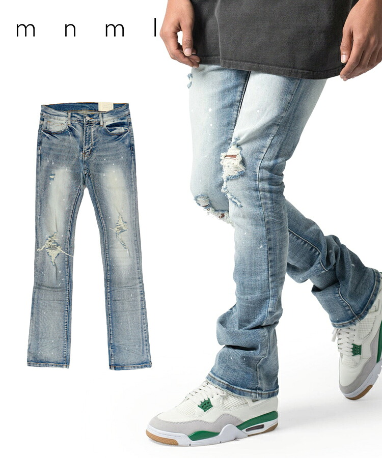mnml ミニマル メンズ パンツ X598 SKINNY STACKED DENIM [I] ブルー 25ML-SP289D ボトムス デニム スキニー フレア ストレッチ レディース ユニセックス　ストリート カジュアル スキニーデニム ダメージ｜DONOBAN（ドノバン）