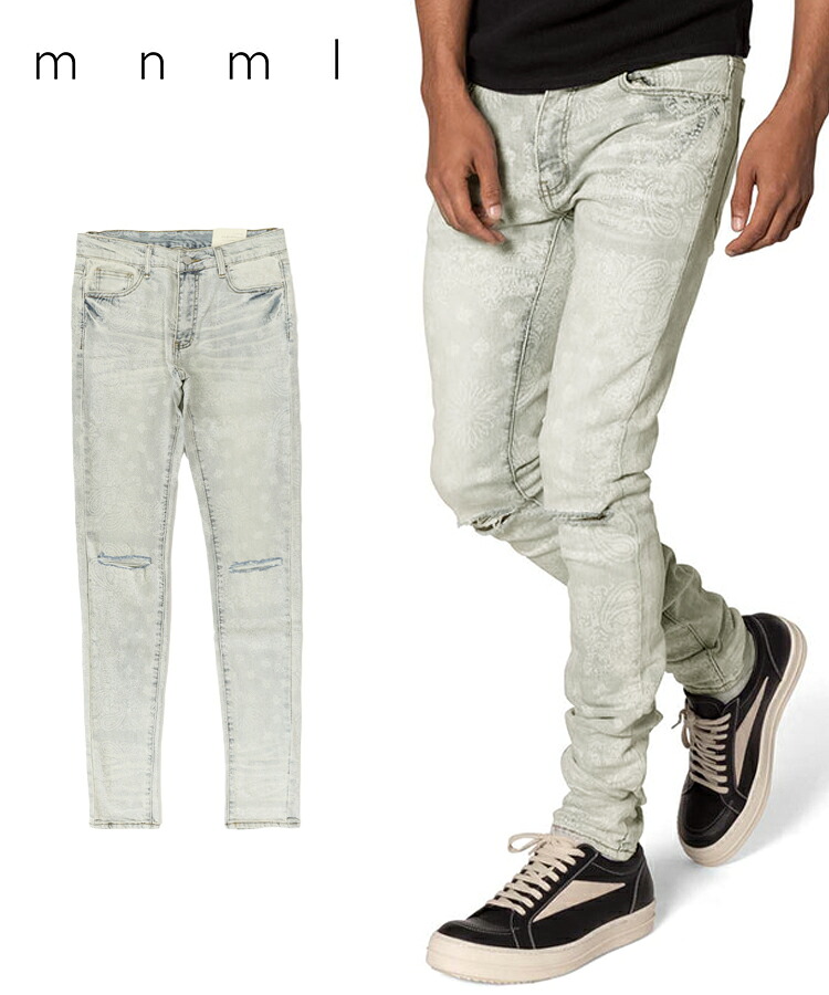 mnml ミニマル メンズ パンツ X696 PAISLEY PATTERNED SKINNY DENIM [I] ライトブルー 25ML-SP834D ボトムス デニム スキニー ストレッチ レディース ユニセックス　ストリート カジュアル ペイズリー スキニーデニム