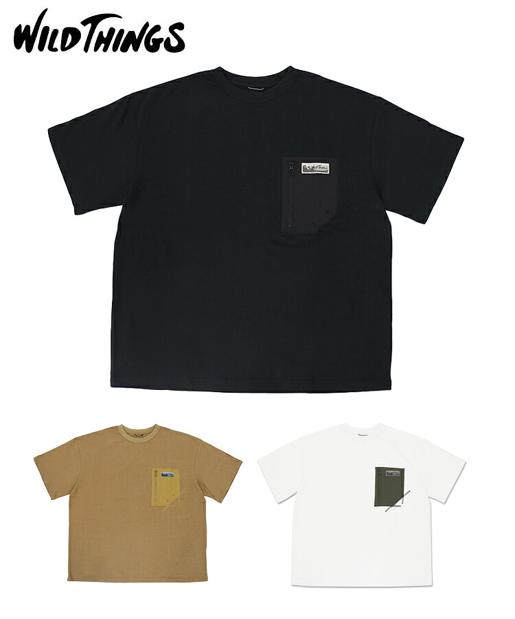 WILD THINGS ワイルドシングス メンズ Tシャツ CAMP POCKET TEE キャンプポケットティー WT25052KB ブラック サンド ホワイト トップス 半袖 クルーネック CORDURA コットン ロゴ タウンユース アウトドア カジュアル