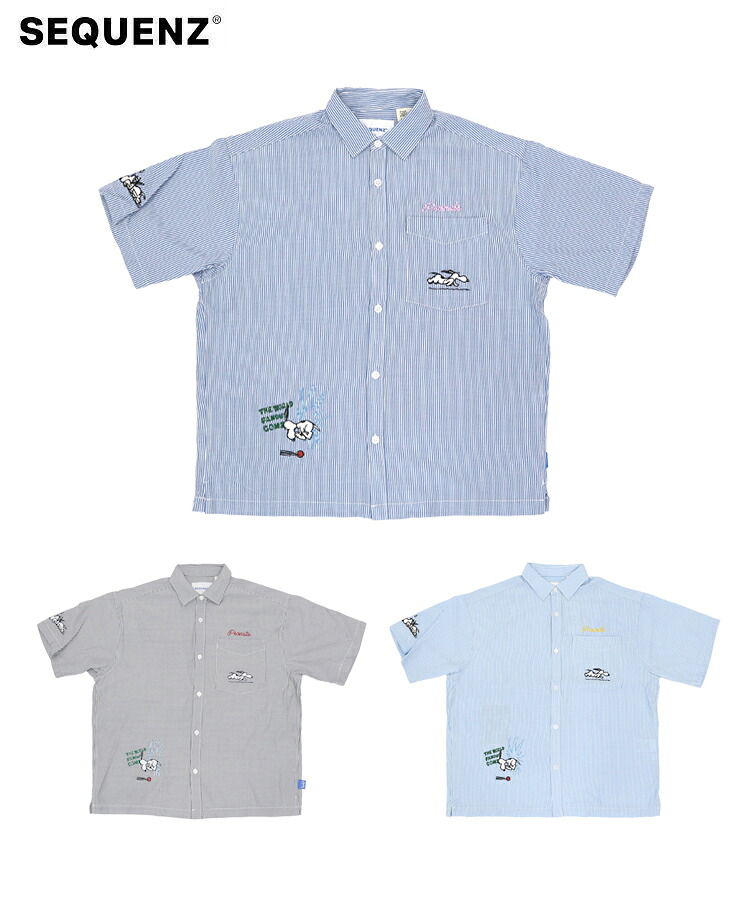 SEQUENZ シークエンズ メンズ シャツ TP COMIC EMB STRIPE SHIRTS ブラック ネイビー サックス 25570942 半袖 ストライプ スヌーピー ピーナッツ トップス ユニセックス レディース