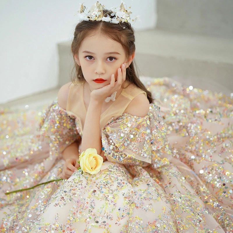 オフショルダー 演奏会ドレス 女児ドレス シャンパンゴールド 80~160cm 子どもドレス 金色 キッズドレス キラキラドレス 子供ド｜どんすず