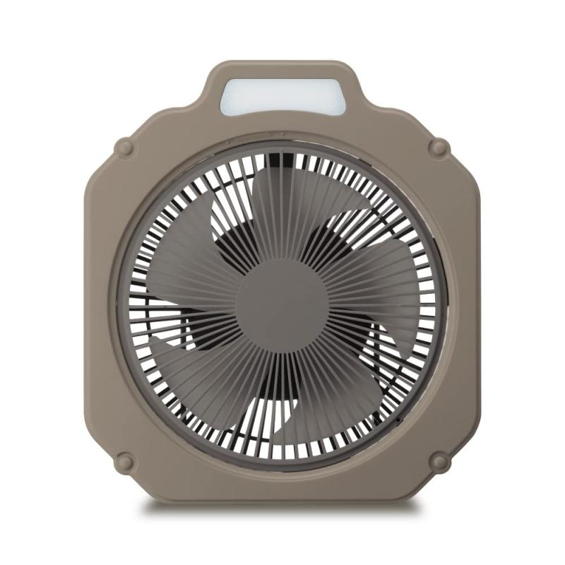 【アウトドアに最適】 ドウシシャ WindGEAR 扇風機 アウトドア向け 20cm LEDライト付 防水機能（IPX4) 2電源対応（充電式・USB電源） 風量4段階 収納袋付 ブラウン