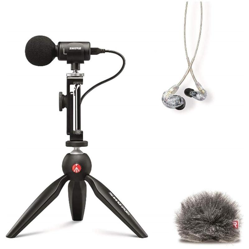 SHURE MV88+SE215-CL-A ポータブル動画撮影キット : ステレオコンデンサーマイク iOS Android "MV88+ & イヤホン & ウィンドジャマー"