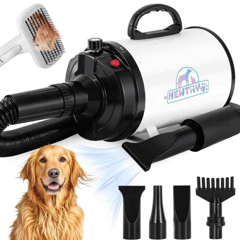 NEWTRY ペットドライヤー 犬用 ペット用 ドライヤー ブロワー 送風機 無段階速度制御 3つのノズル付き ブラシ付き 風速、温度調整可能 大風量 騒音低減 100V 50Hz/60Hz 650-1800W(白)