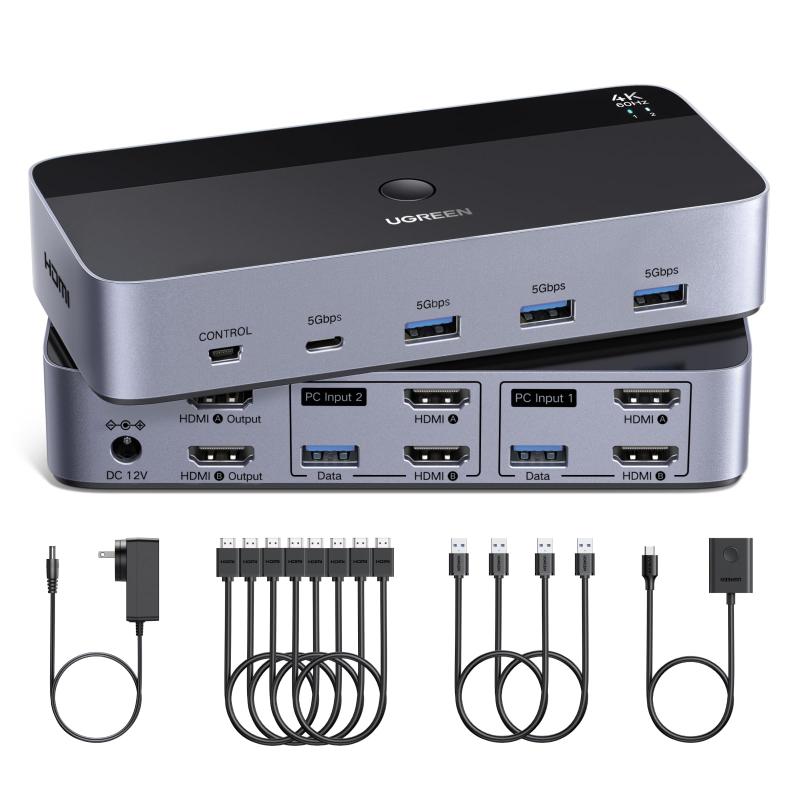 UGREEN HDMI KVM切替器 4K@60Hz 2モニタ2コンピュータ、2入力2出力スイッチ、 4つのUSB 3.0ポートのため2台のコンピュータで2モニタ/キーボード/マウス/プリンタを共有 HDMIケーブル4本、USBケーブル2