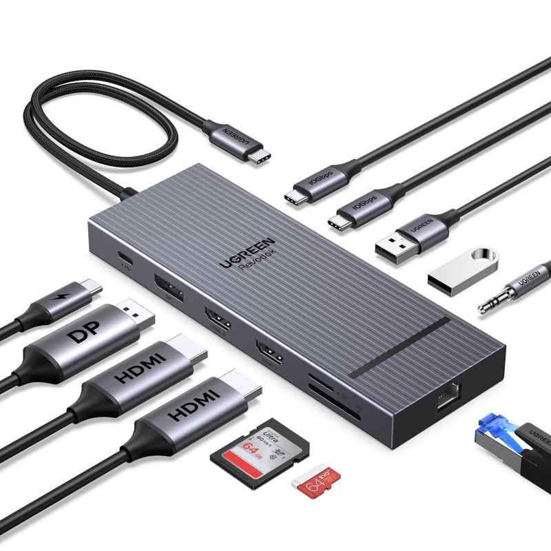 UGREEN Revodok Pro 12-インチ-1 トリプル4K縛ステイション、2*HDMI+DP、2x10Gbps USB C、2xUSB2.0A、100W PD手っとり早い申し受ける、SD/TF、1000Mbpsイーサネット、3.5粍オーディオ、Mac