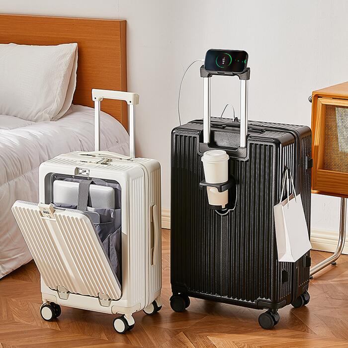 64L カップホルダー付き 58L 出張 【便利なフロントオーペン機能付!】スーツケース 3-5日用 キャリーケース 前開き・USBポート付き 大容量 多機能スーツケース 45L 泊まる カジュアル ビジネス 機内持ち込み 軽量設計 小型 82L S~XLサイズ 機内持込 キャリーケース|livemart