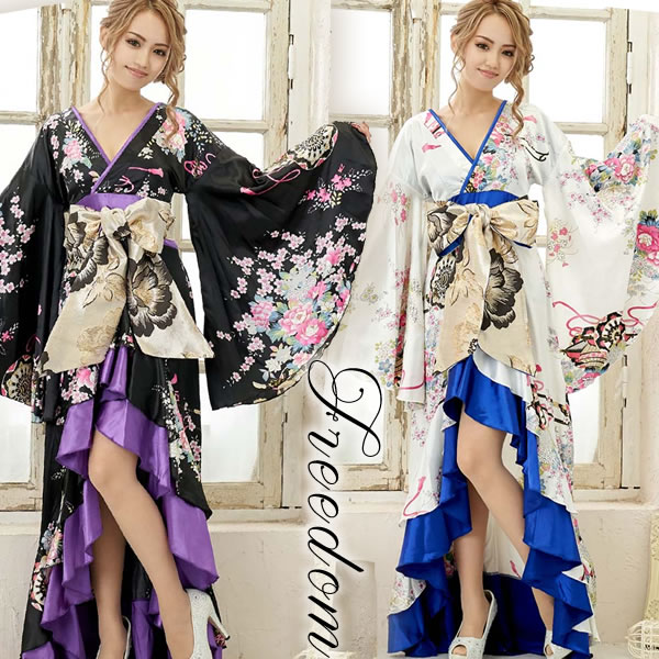ロングドレス ロング アイドル★艶やか花魁スタイル！フリル使い＆サテン和花柄プリント着物風ロングドレス♪フリーダムセール キャバ 花魁 衣装 撮影 インスタ 着物ドレス ダンス コスプレ 着物ドレス イベント セクシー 着物風ドレス 着物 パーティー ドレス キャバドレス｜livemart
