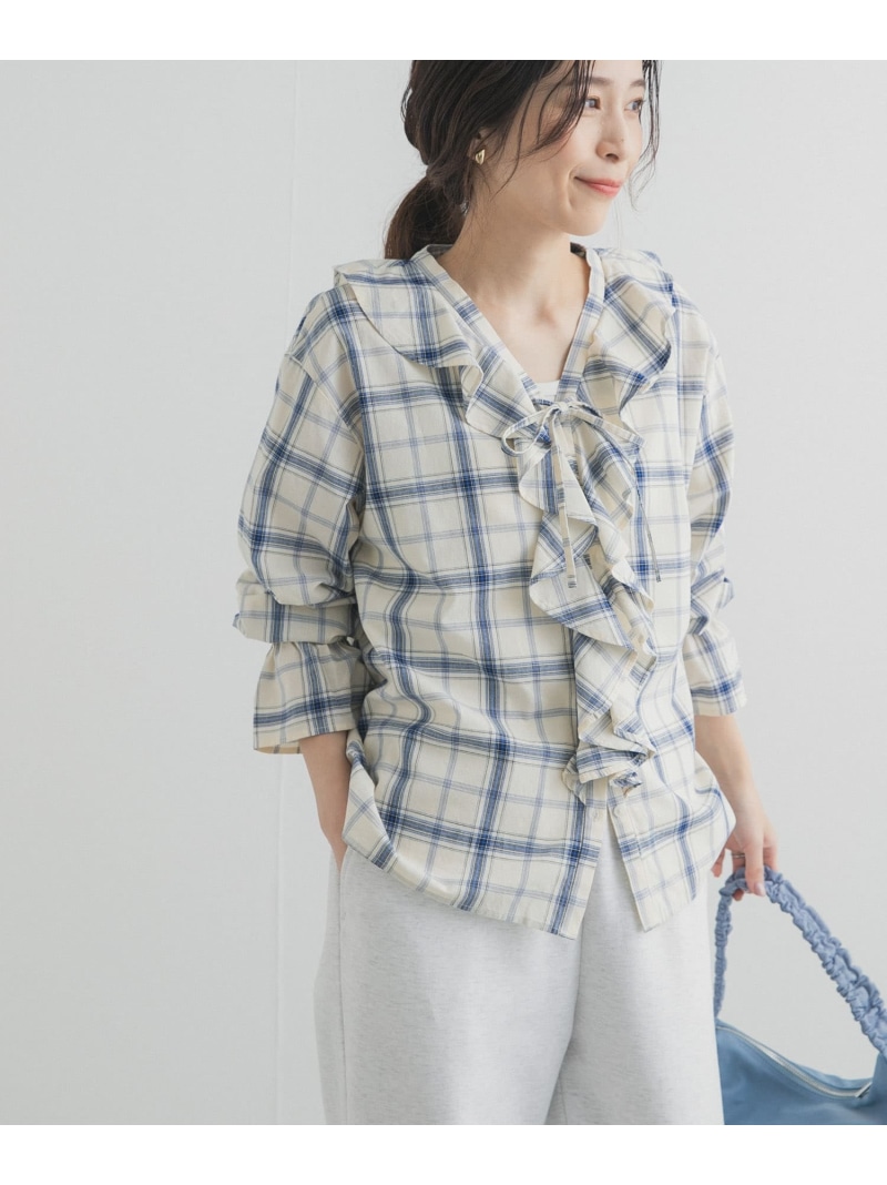 【SALE／10%OFF】チェックフリルブラウス URBAN RESEARCH DOORS アーバンリサーチドアーズ トップス ティーシャツ・トップ 黒いこと 青碧【RBA_E】【貨物輸送無料】[ Fashion]