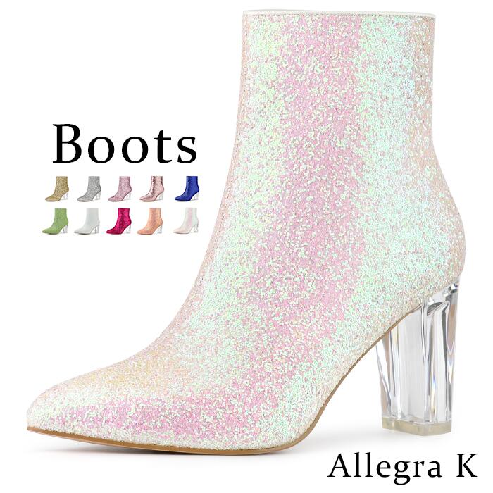 Allegra K ショートブーツ キラキラ レディースシューズ 痛くない 女性 ブーツ アンクルブーツ キャバ嬢 スパンコール チャンキーヒール ポインテッドトゥ パーティー イベント おしゃれ ブーツ