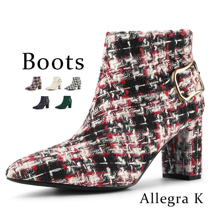 Allegra K アンクルブーツ レディース シューズ 秋冬 チェック柄 ポインテッドトゥ チャンキーヒール 太ヒール 痛くない 歩きやすい ブーツ 女性 ショートブーツ 可愛い 通勤 通学
