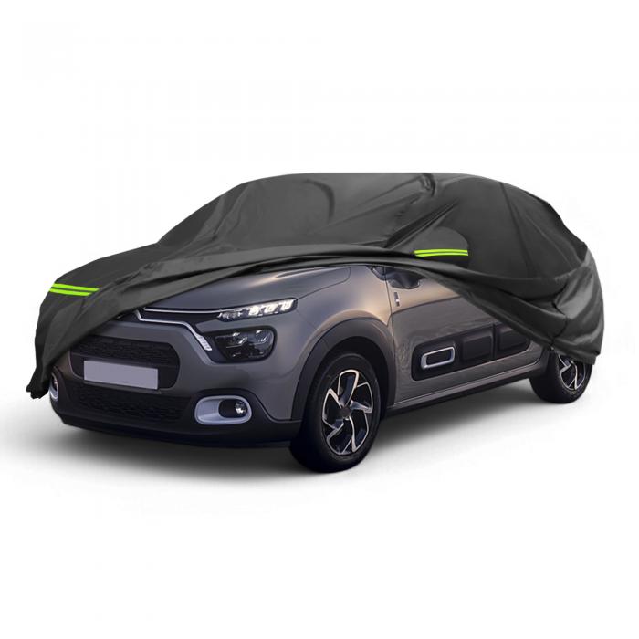 X AUTOHAUX Citroenに対応C3 II/III 2017-2023用の車カバー 210D-PUアウトドアフルカーカバー オールウェザー防水風防日焼け保護 ドライバードアジッパー付き ブラック