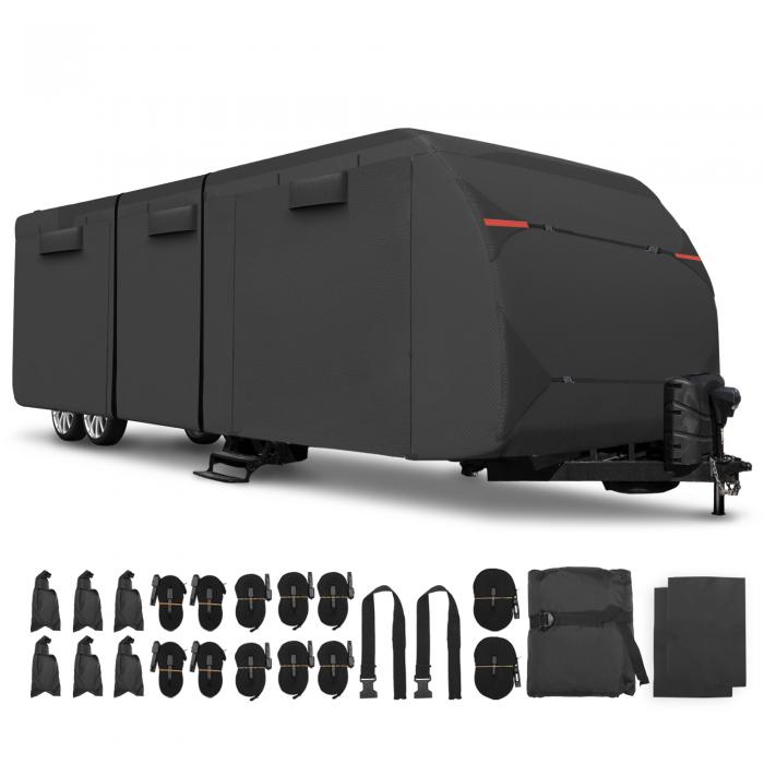 uxcell 防水RVカバー RVトラベルトレーラーカバー 27'-30'に適合 風防UVキャンパーカバー オールシーズン保護 エクストラ風防ロープとガターカバー付き ブラ ック