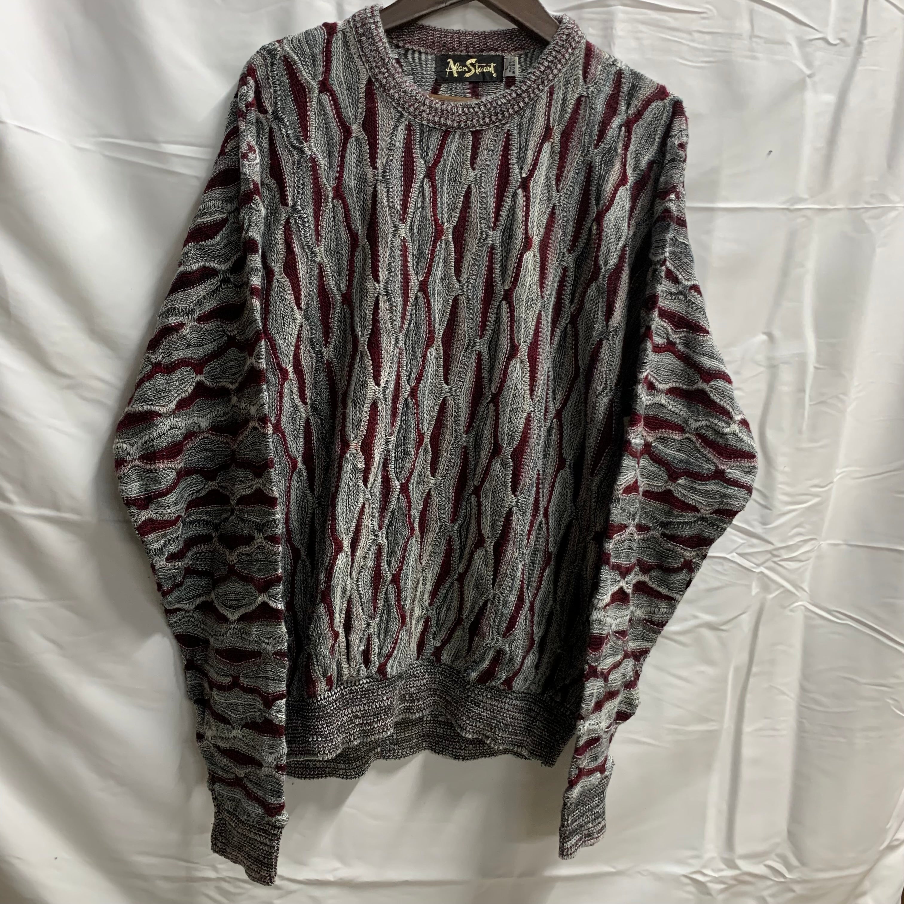 【中古】【古着】Alan Stuart マルチボーダー 3Dニット グレー×レッド Lサイズ|ドラマ×プリンセスカフェ
