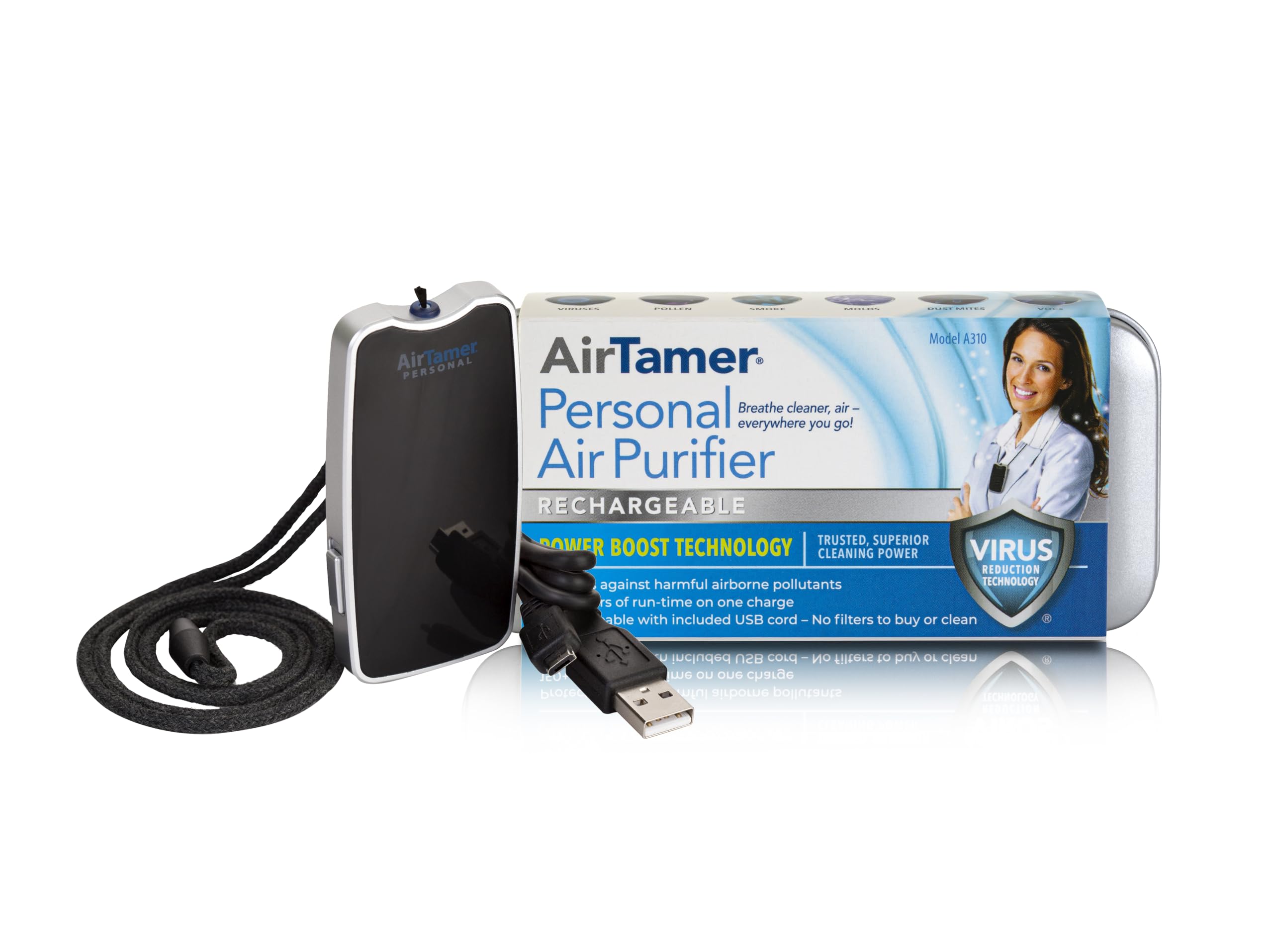 【中古】【非常に良い】AirTamer A310 パーソナル充電式およびポータブル空気清浄機、マイナスイオン発生器、細菌、ほこり、ウイルス、バクテリア、アレルゲン、カビ、臭いなどを除去する空気を浄化、黒、金属製トラベルケ|ドリエムコーポレーション