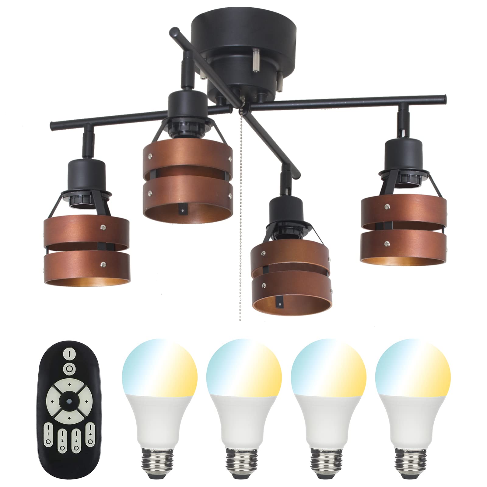 【中古】【非常に良い】共同照明 シーリングライト 4灯 6畳 調光 調色 LED電球40W形付き ブラウン GT-DJX-2D-6WT-2 天井照明 スポットライト リモコン対応 プルスイッチ 北欧 ウッドリング おしゃ｜ドリエムコーポレーション