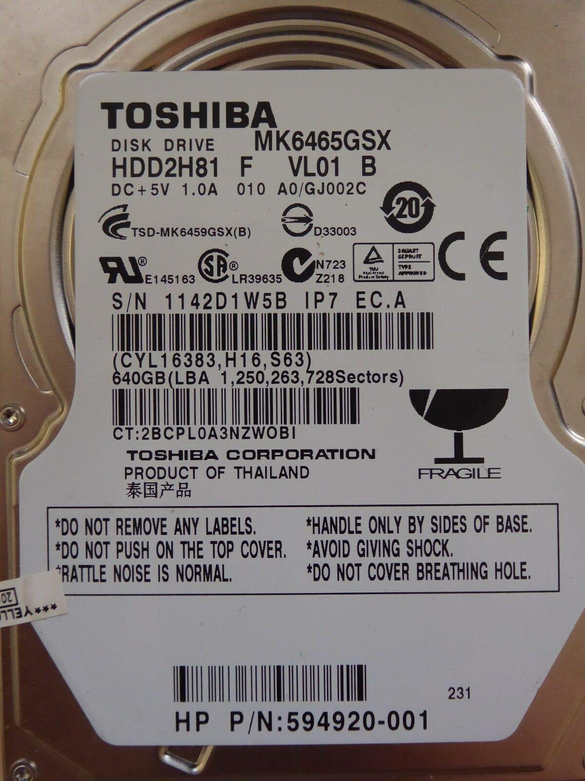 【中古】【人並み外れたに好いたらしい】東芝 MK6465GSX 640GB 9.5粍 2.5in SATA300 HDD バルク品