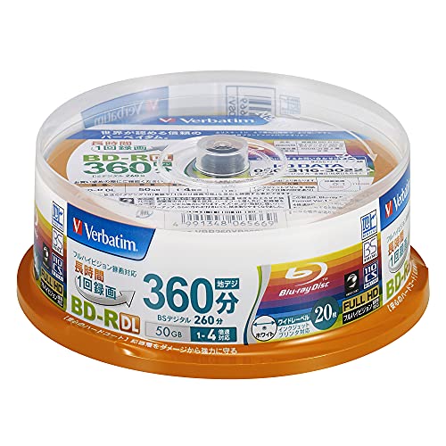 【中古】【非常に良い】Verbatim バーベイタム 1回録画用 ブルーレイディスク BD-R DL 50GB 20枚 ホワイトプリンタブル 片面2層 1-4倍速 VBR260YP20SV1