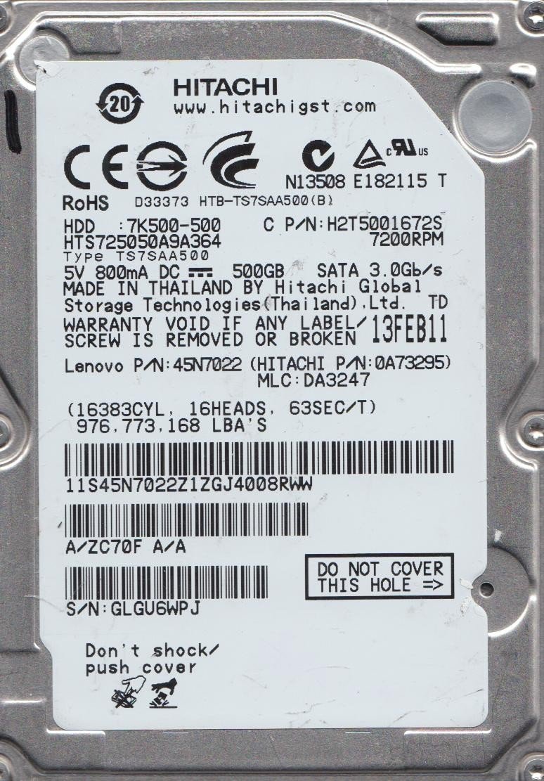 【中古】【人並み外れたに好いたらしい】HTS725050A9A364、PN 0A73295、MLC DA3247、Hitachi 500GB SATA 2.5捉え所の無い運転