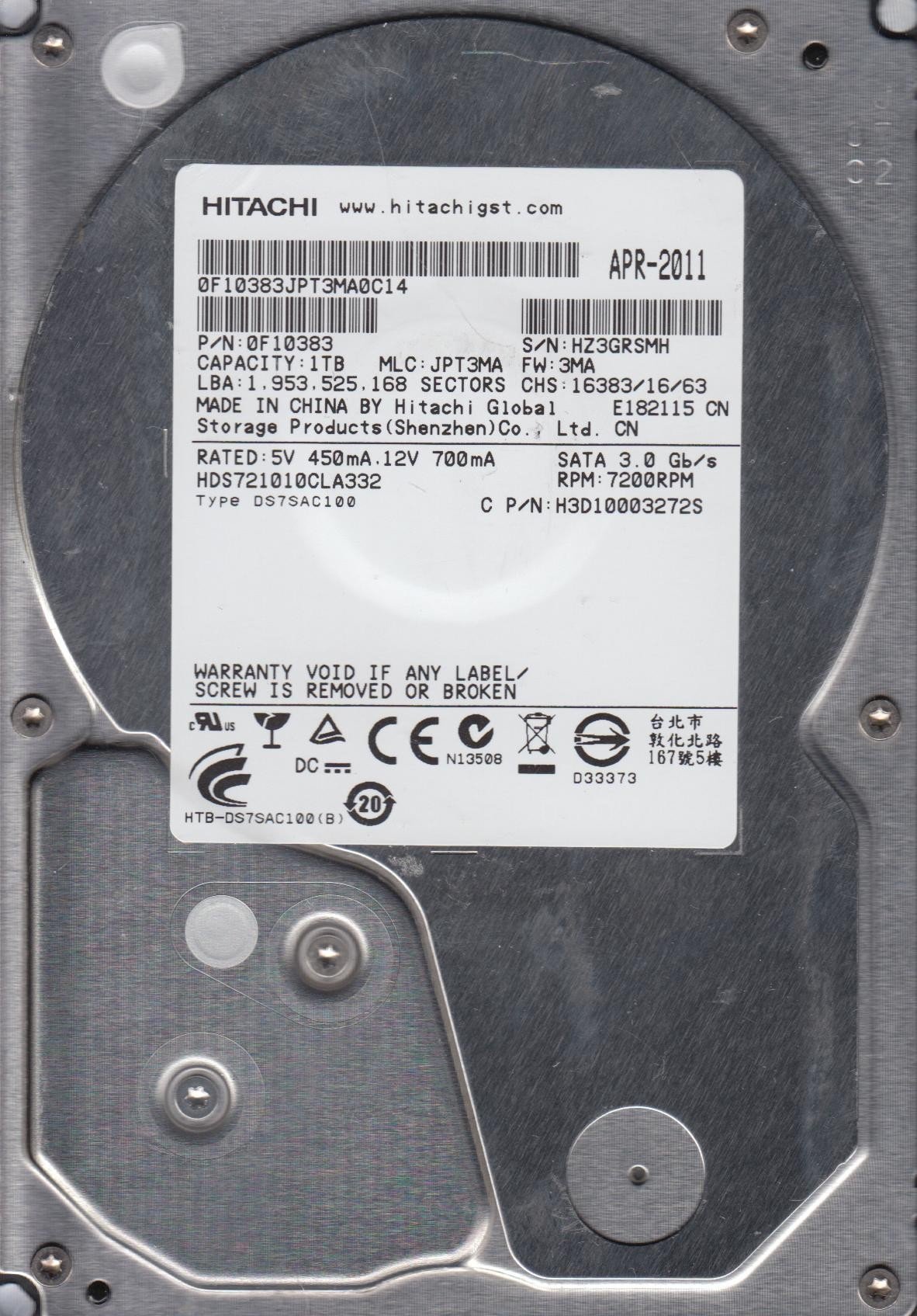 【中古】【非常に良い】HDS721010CLA332、PN 0F10383、MLC JPT3MA、日立1TB SATA 3.5ハードドライブ