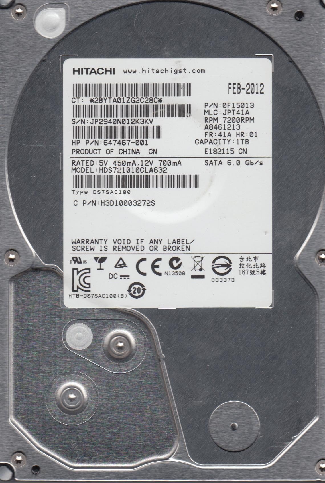 【中古】【非常に良い】HDS721010CLA632、PN 0F15013、MLC JPT41A、Hitachi 1TB SATA 3.5 ハードドライブ