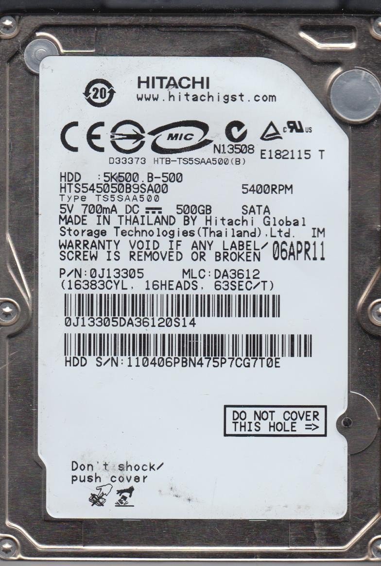 【中古】【非常に良い】Hitachi ハードドライブ SATA 9.5mm 500GB 2.5インチ 5400RPM HTS545050B9SA00｜ドリエムコーポレーション